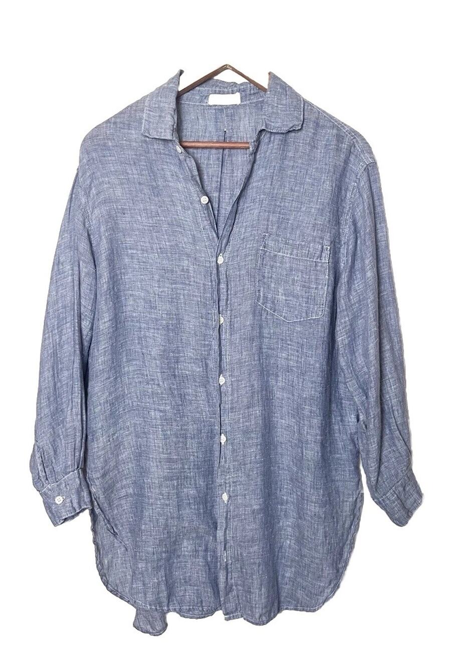 CP Shades Long Sleeve Button Front Tunic Shirt Sz XS Blue Chambray 100% Linen